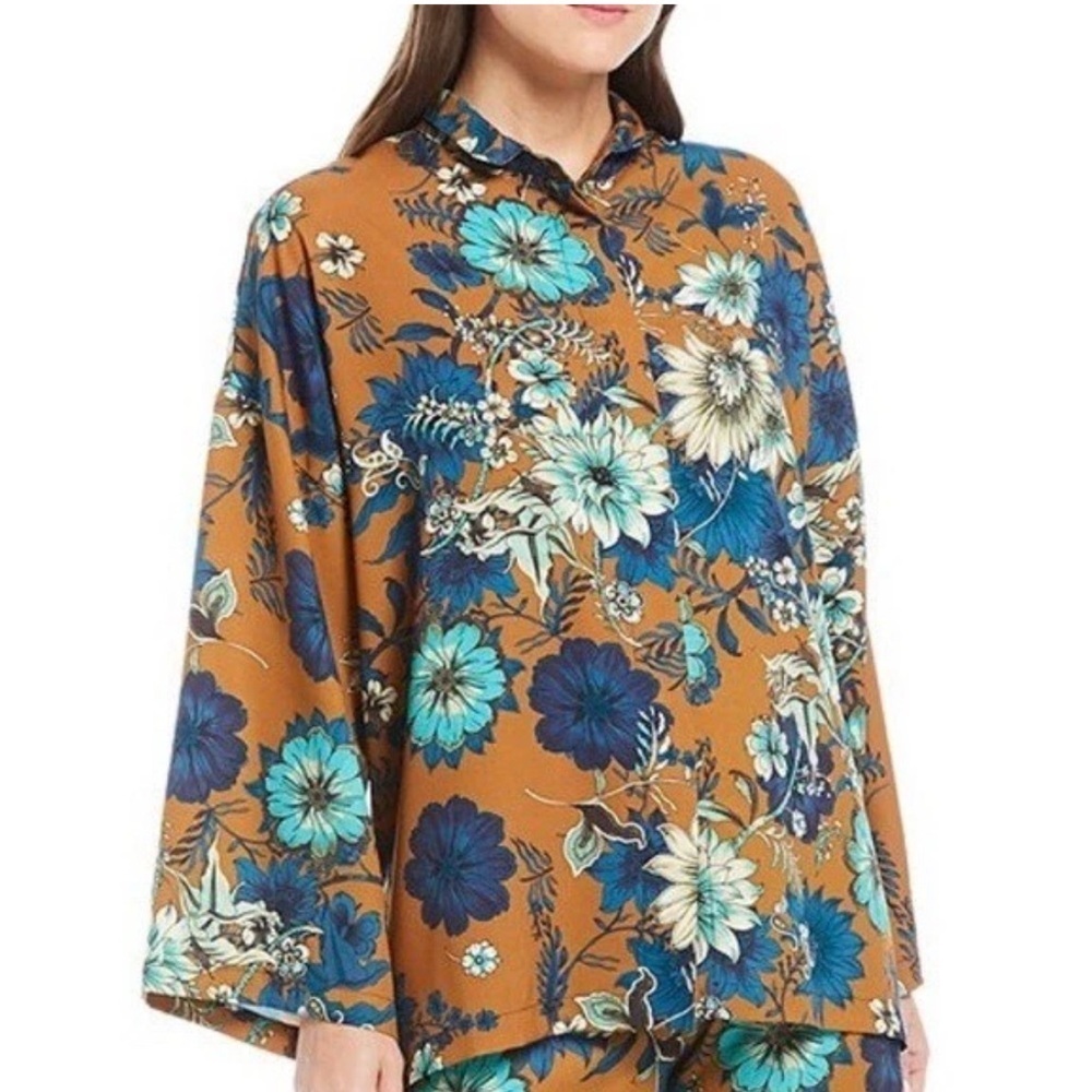 NWT Bryn Walker Bellagio Floral Print Alabama Shirt Tunic Ochre Teal Medium